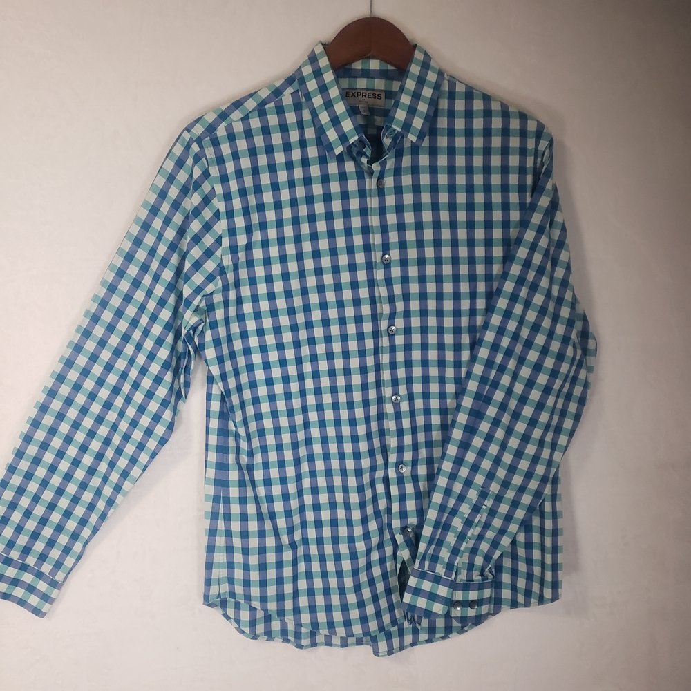 Express Men's Blue and Green Plaid Shirt